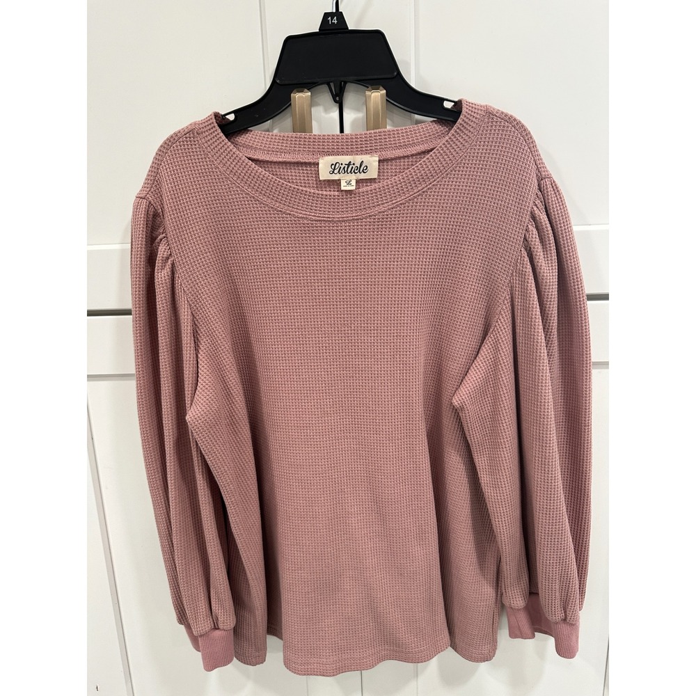 Listicle Dusty Rose Waffle‎ Knit Puff Sleeve Top Women's Size L